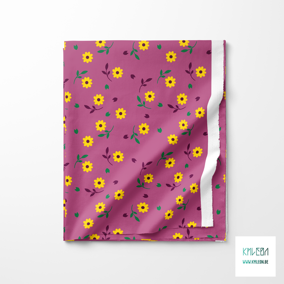 Yellow, purple and green flowers and leaves fabric