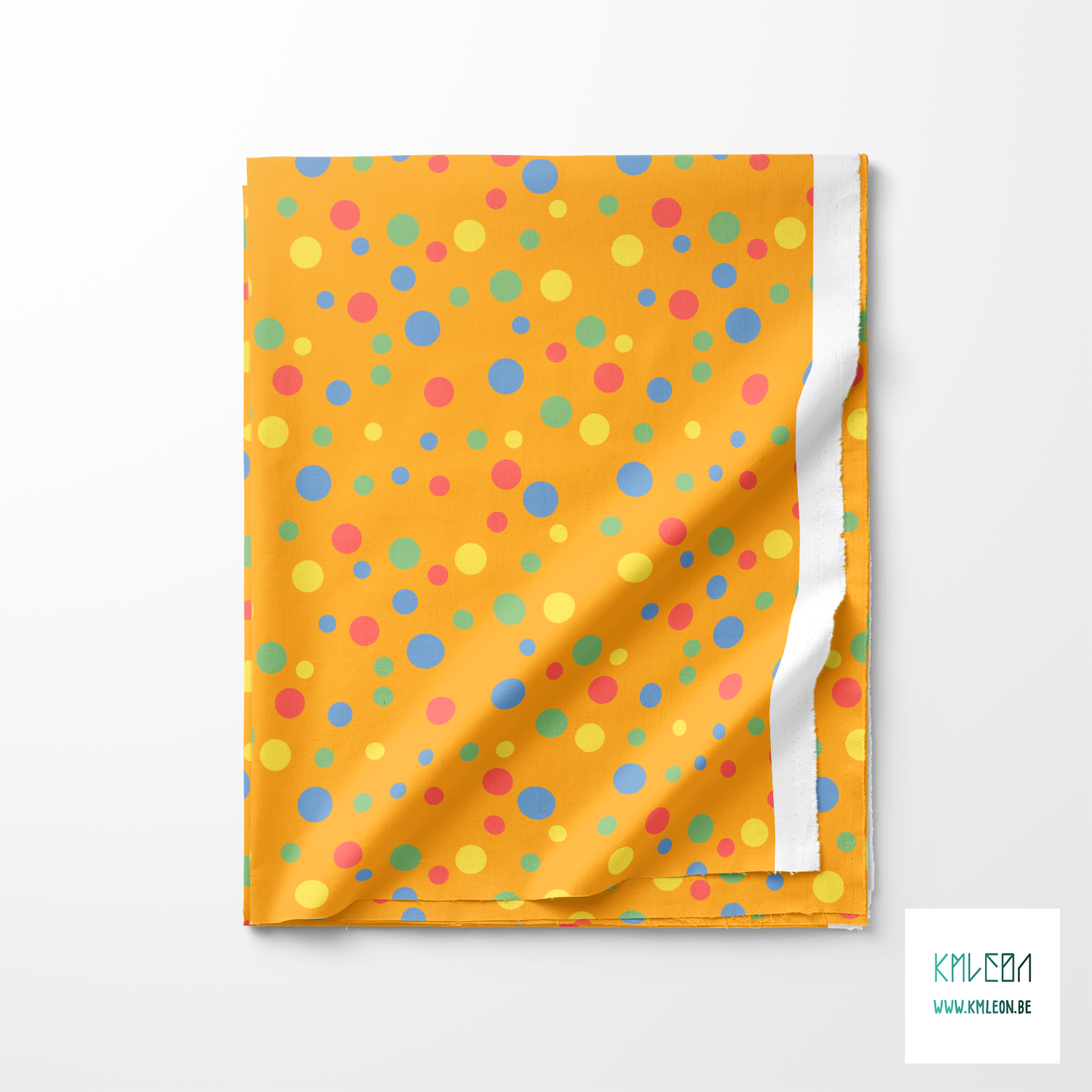 Random blue, green, yellow and coral polka dots fabric