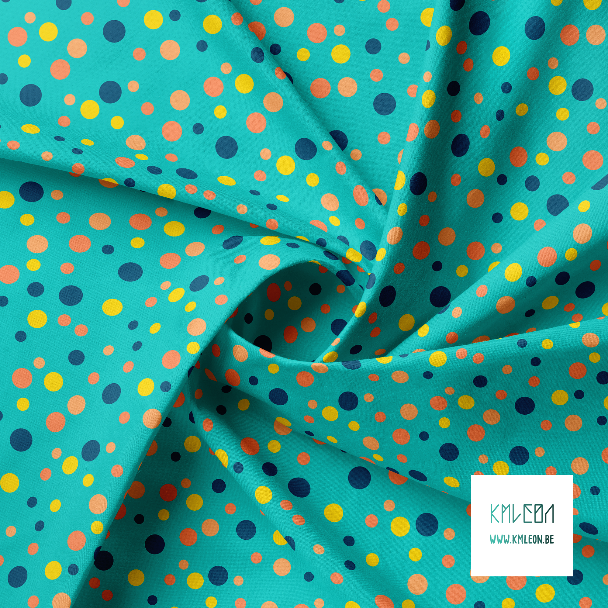 Random orange, yellow and navy polka dots fabric