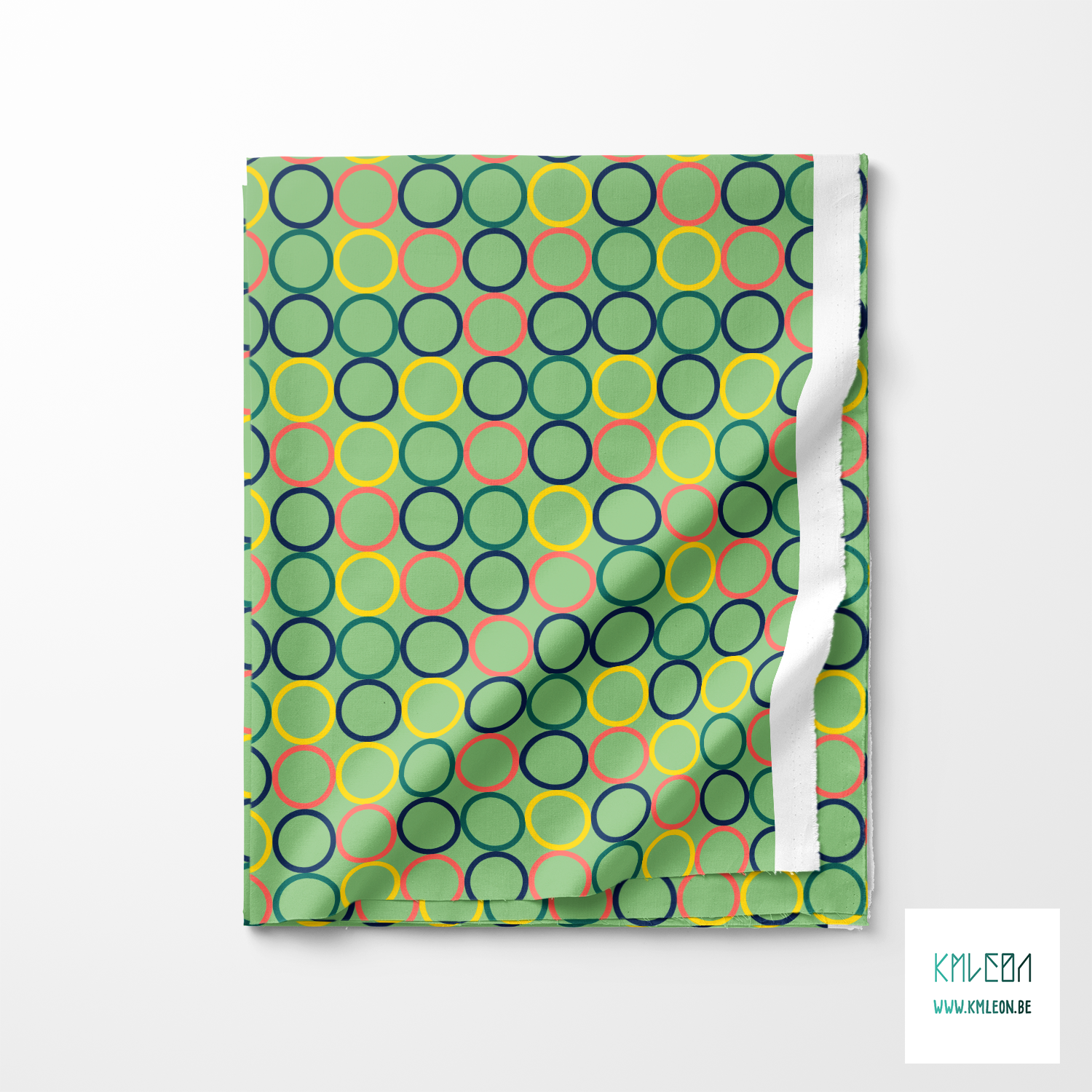 Random coral, green, yellow and navy circles fabric