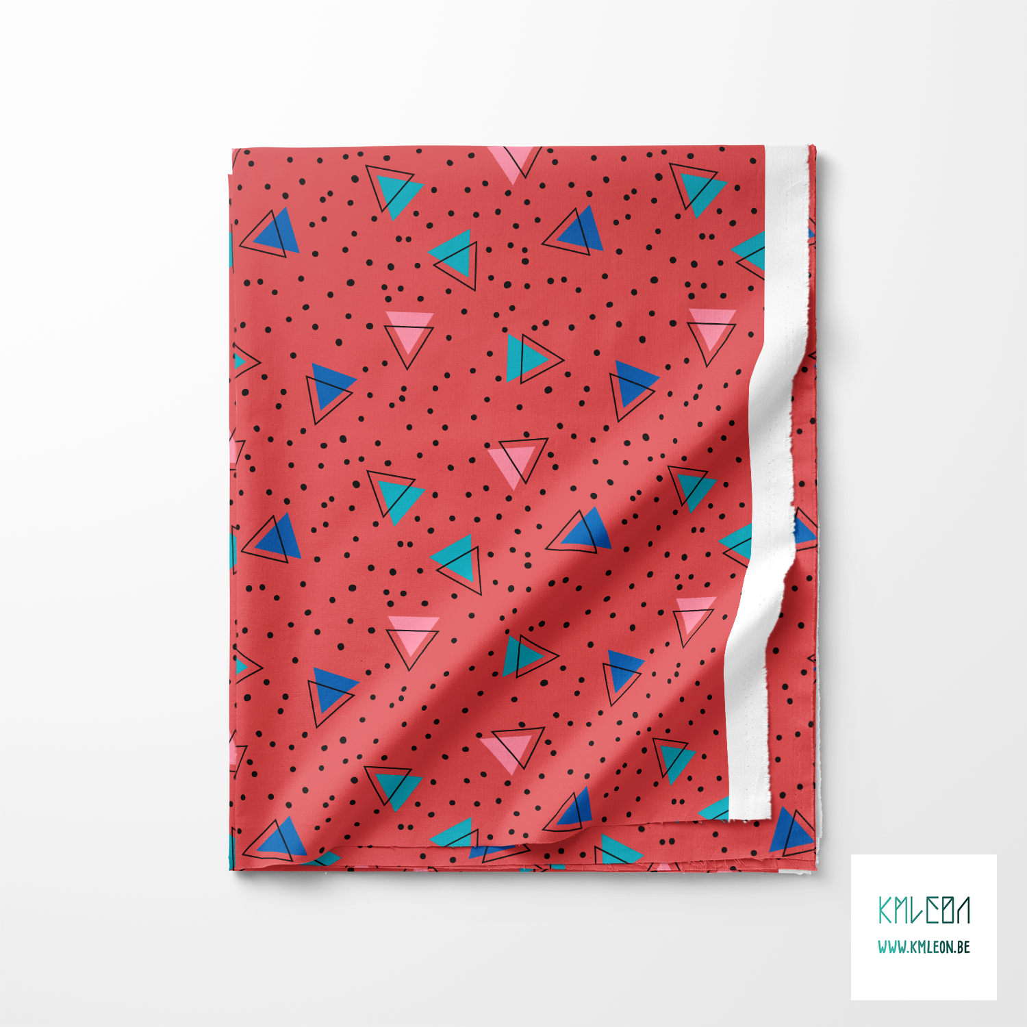 Teal, blue, pink and black triangles and black dots fabric