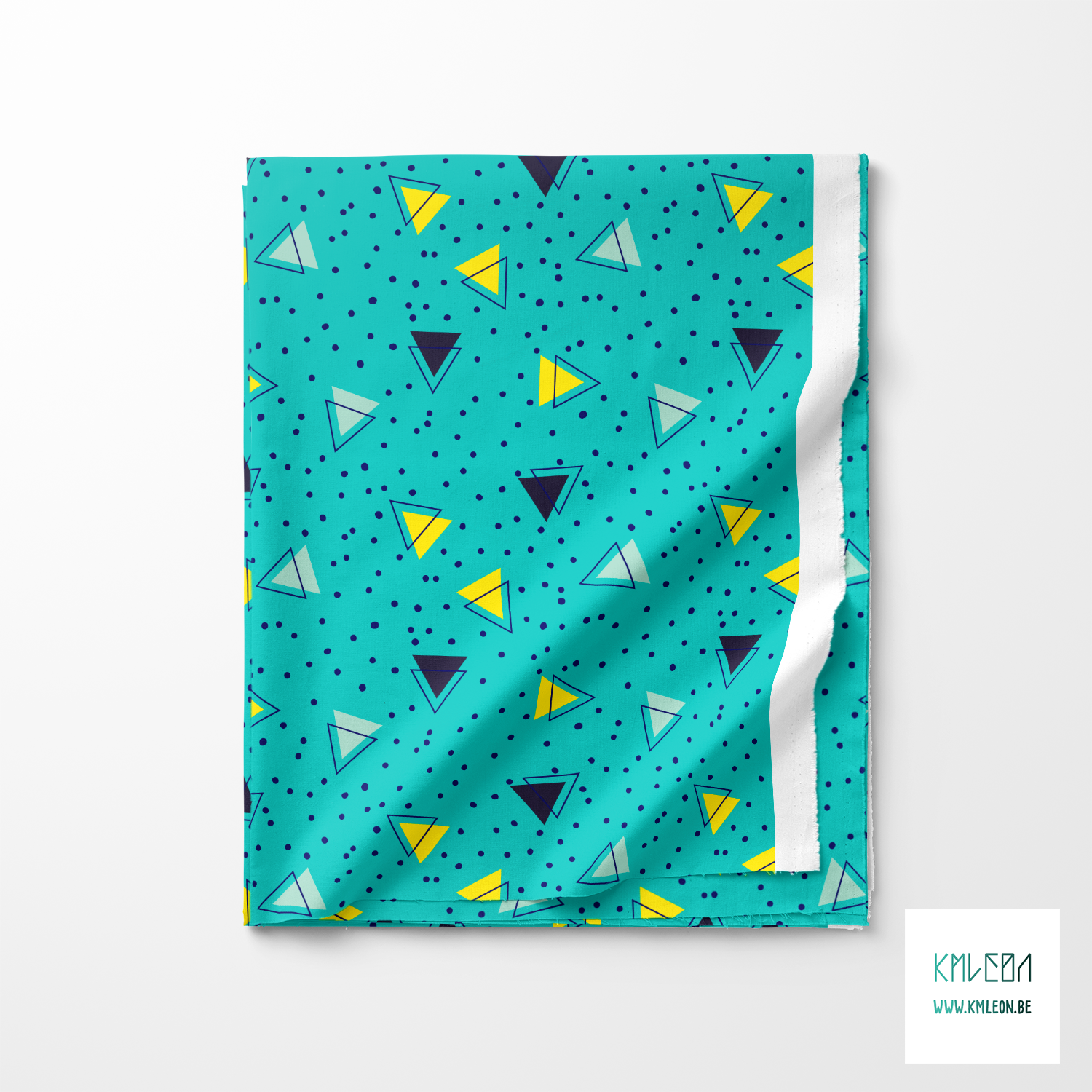 Navy, mint green and yellow triangles and blue dots fabric