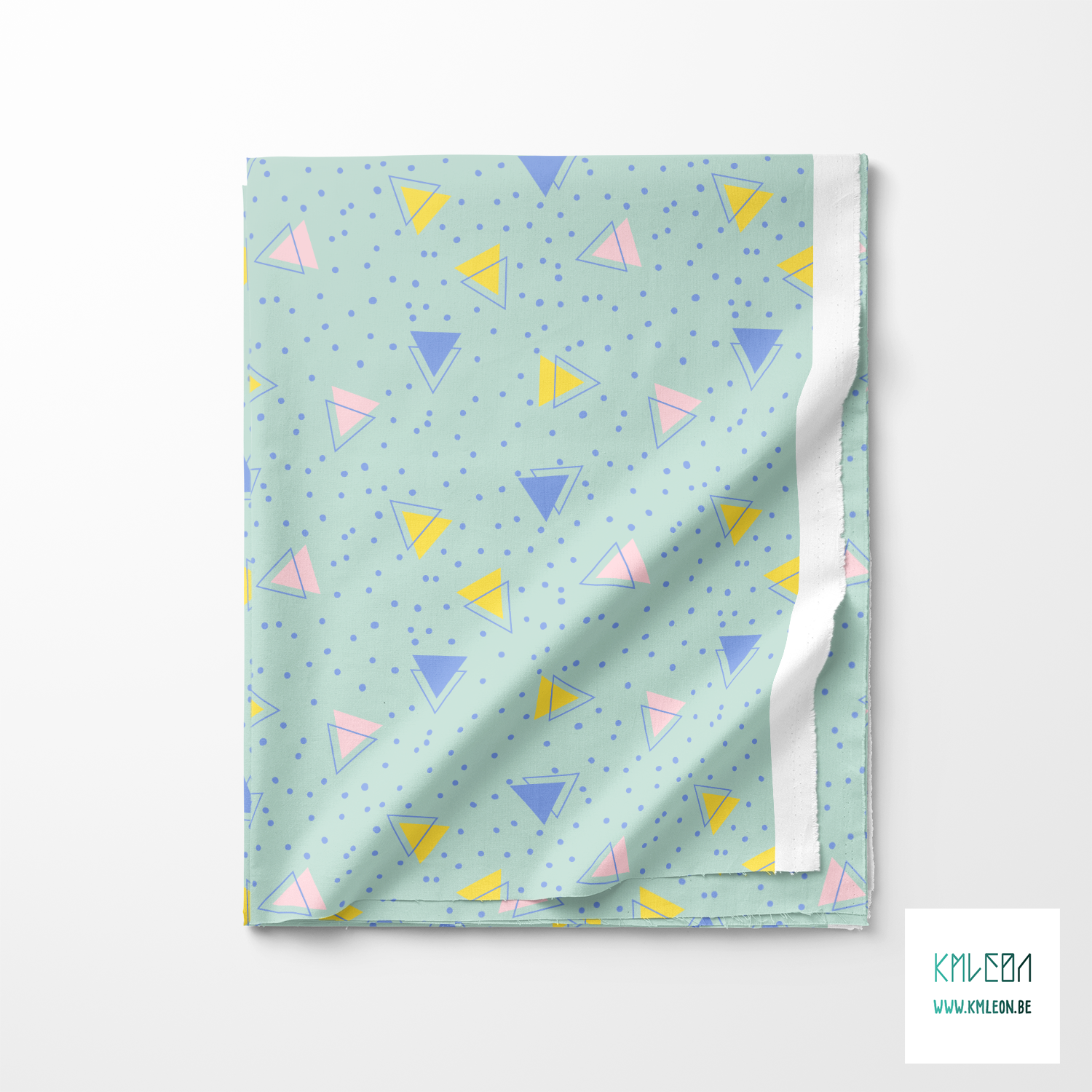 Pink, yellow and periwinkle triangles and periwinkle dots fabric