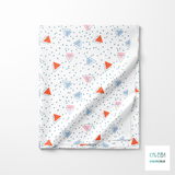 Blue, orange and pink triangles and blue dots fabric