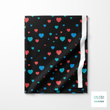 Red, teal and blue hearts fabric