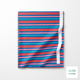 Horizontal stripes in teal, pink and red fabric