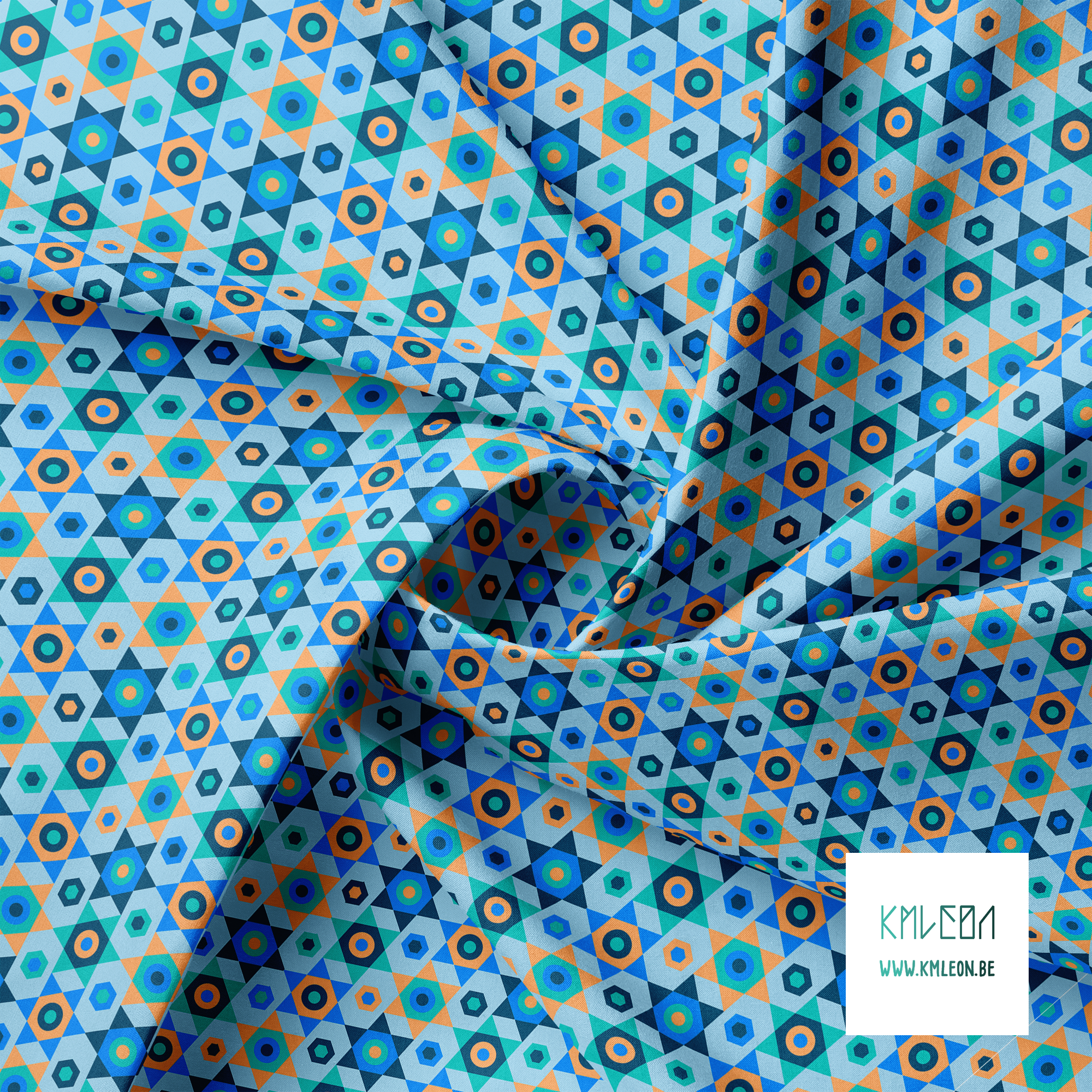 Teal, blue, navy and orange stars fabric