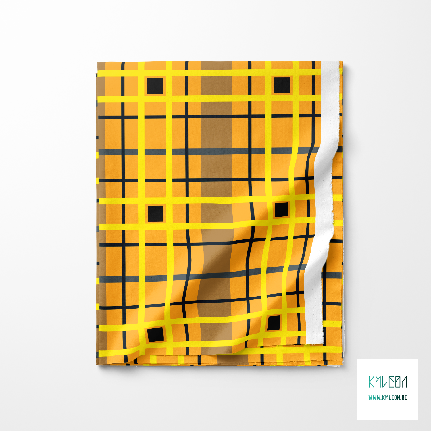 Yellow, grey, dark teal and black plaid fabric