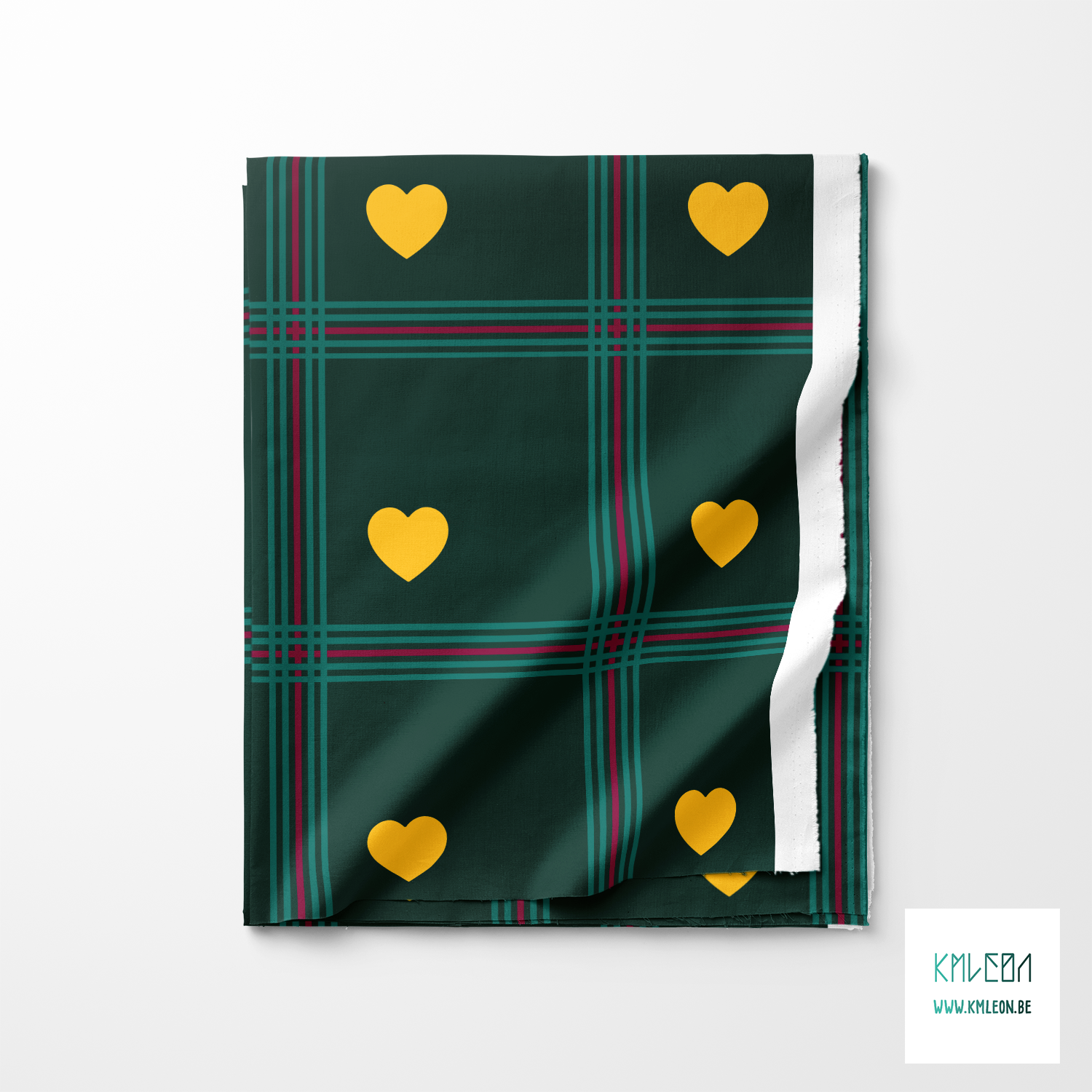 Green and purple plaid with yellow hearts fabric