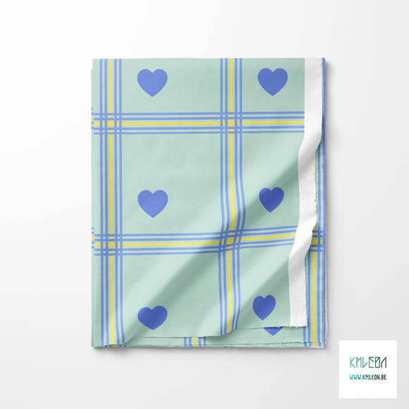 Yellow and periwinkle plaid with periwinkle hearts fabric