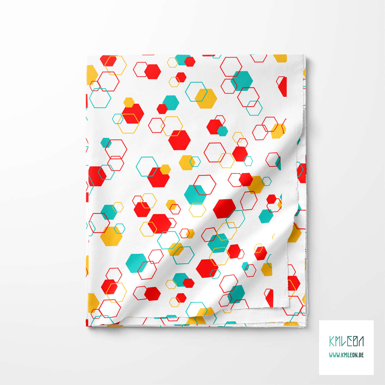 Random teal, red and yellow octagons fabric