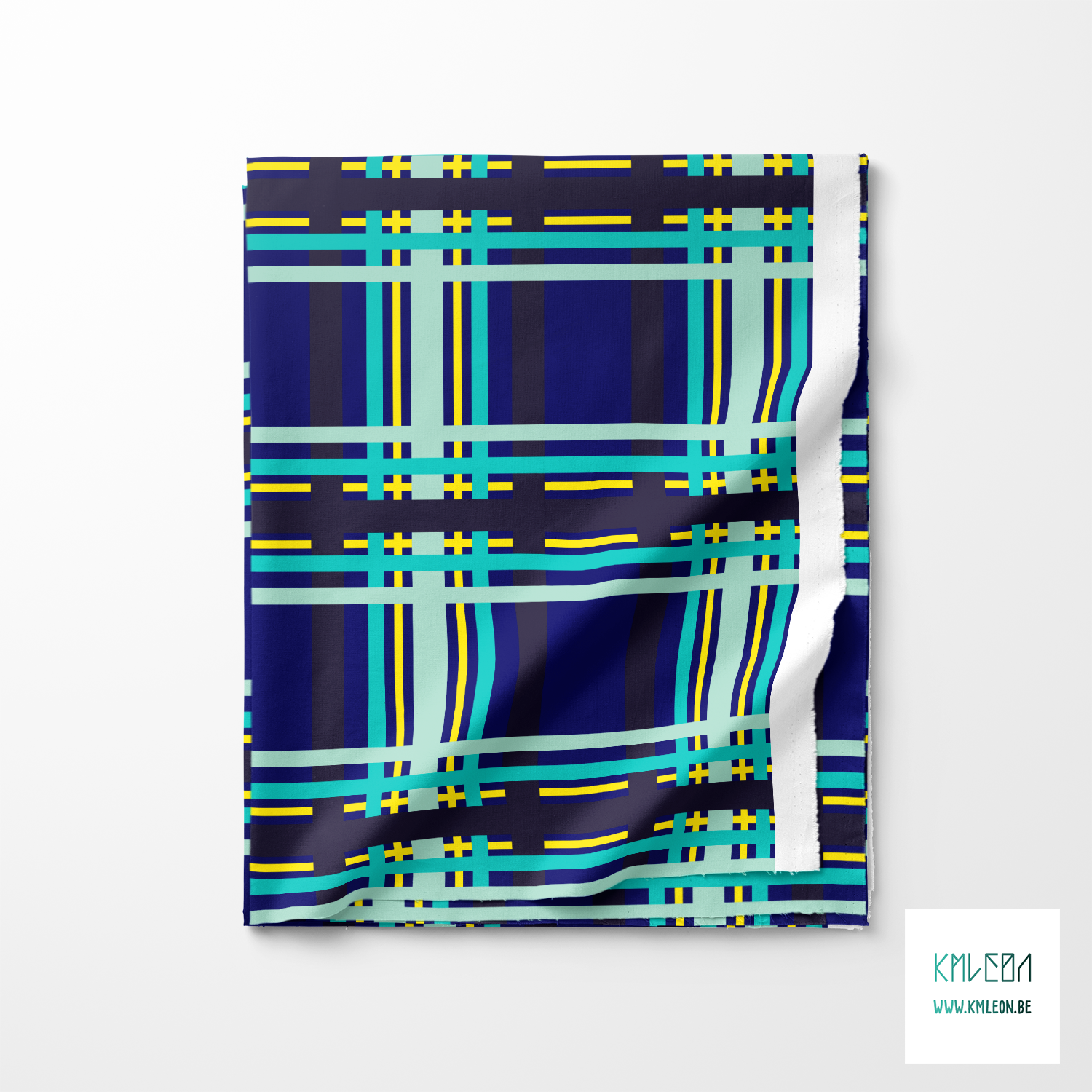 Yellow, teal, mint green and navy tartan fabric