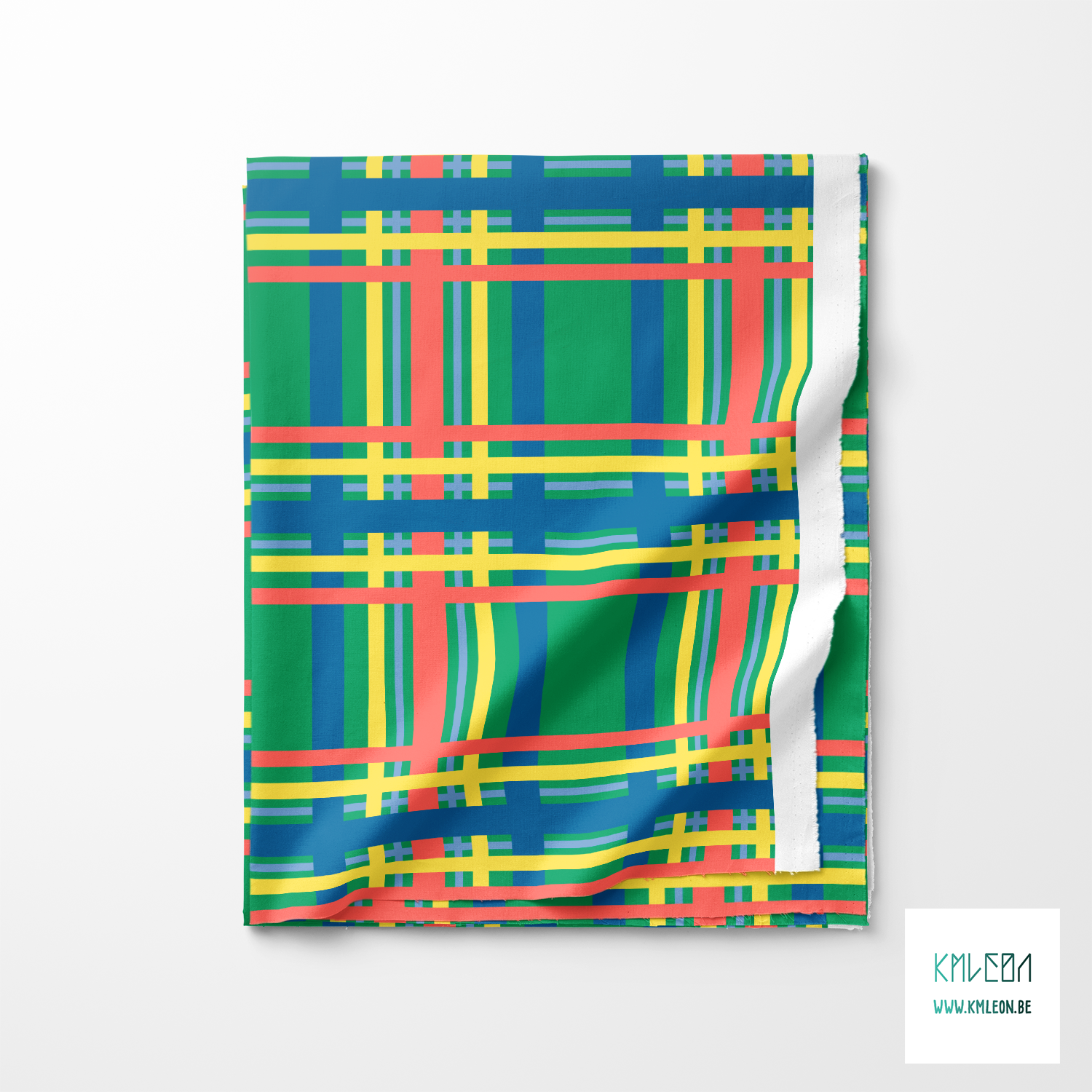 Blue, yellow and coral tartan fabric