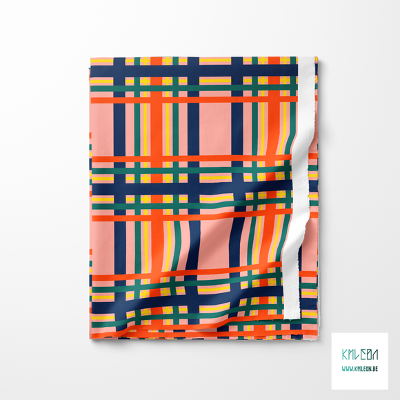 Navy, green, yellow and orange tartan fabric