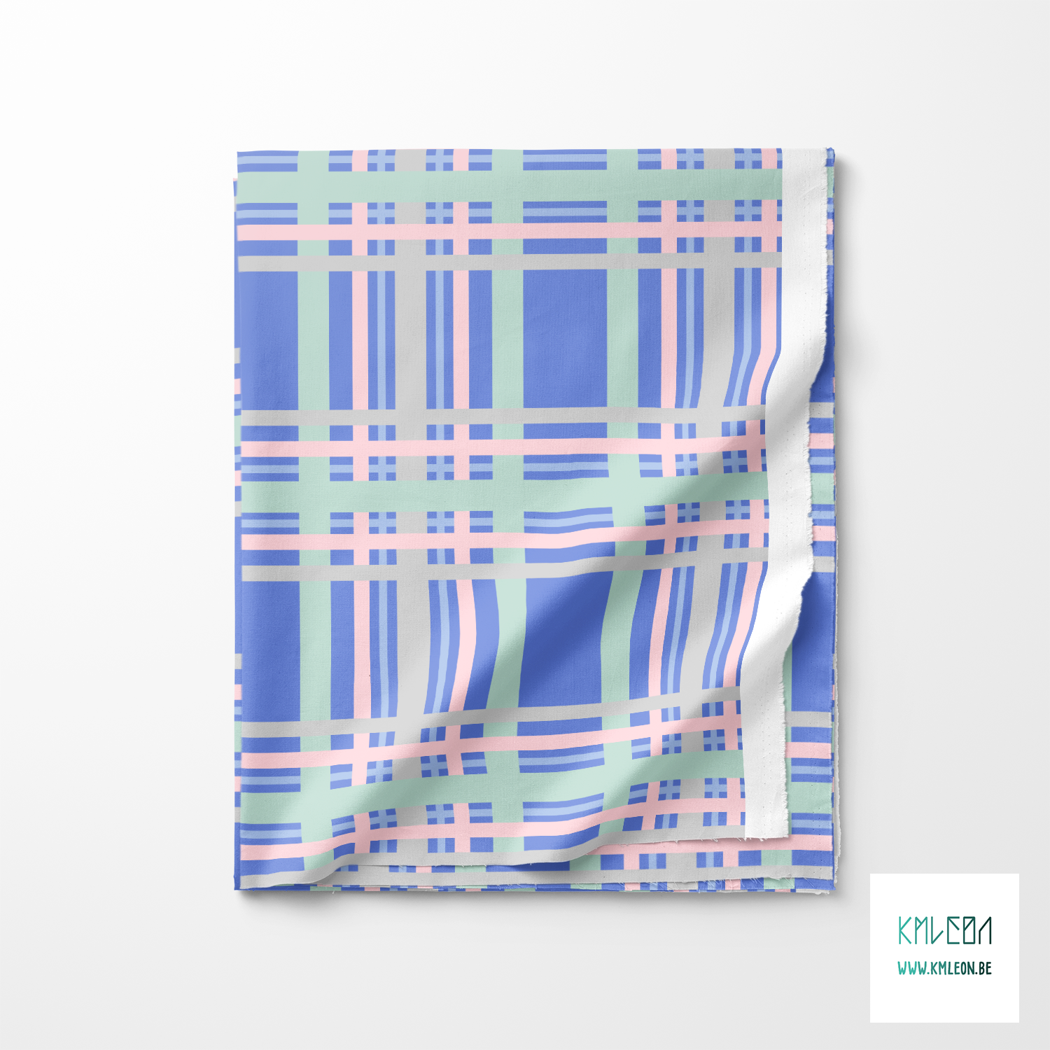 Mint green, pink, grey and periwinkle tartan fabric