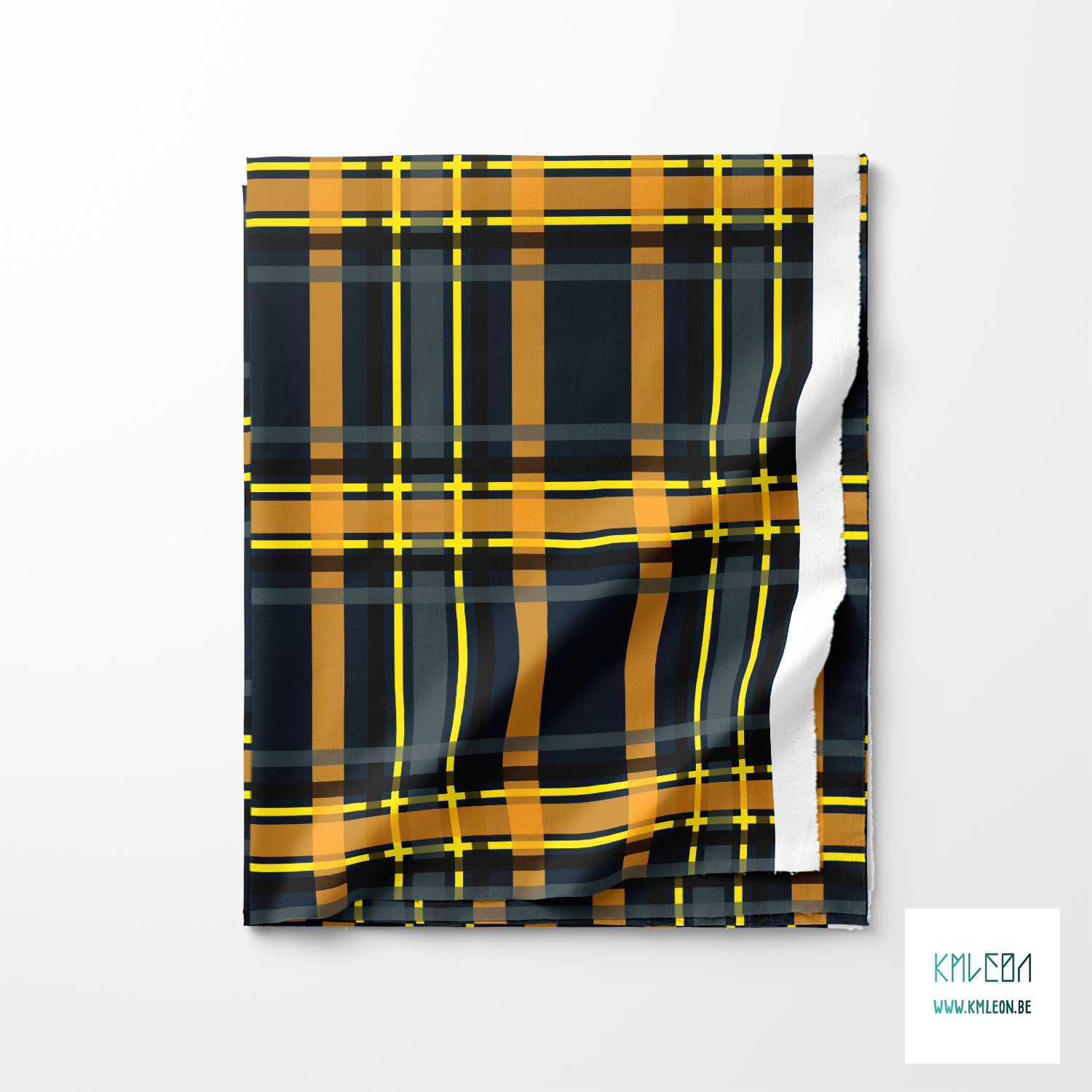 Grey, orange, yellow and black tartan fabric