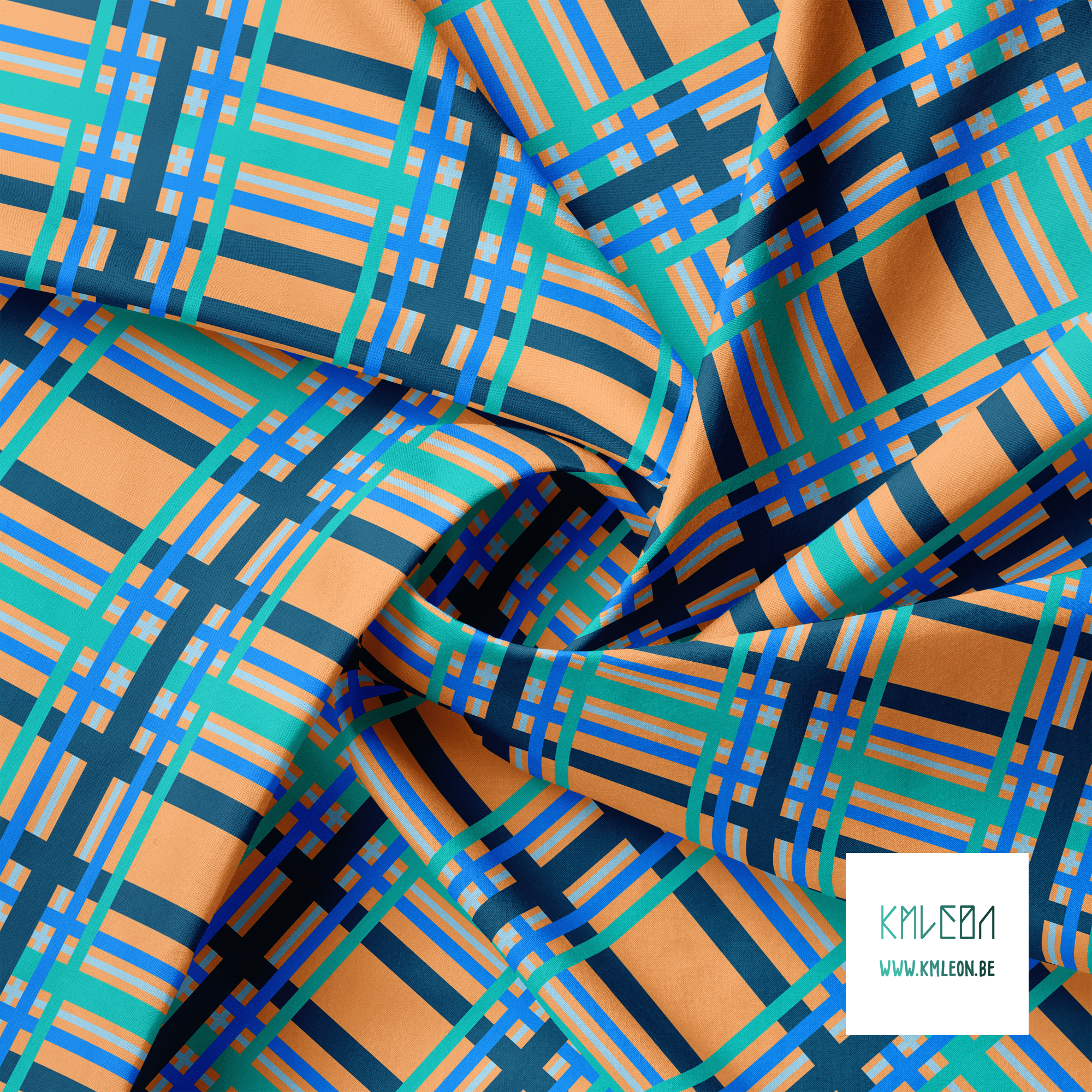 Blue, teal and navy tartan fabric