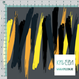 Orange, yellow, black and dark teal brush strokes fabric