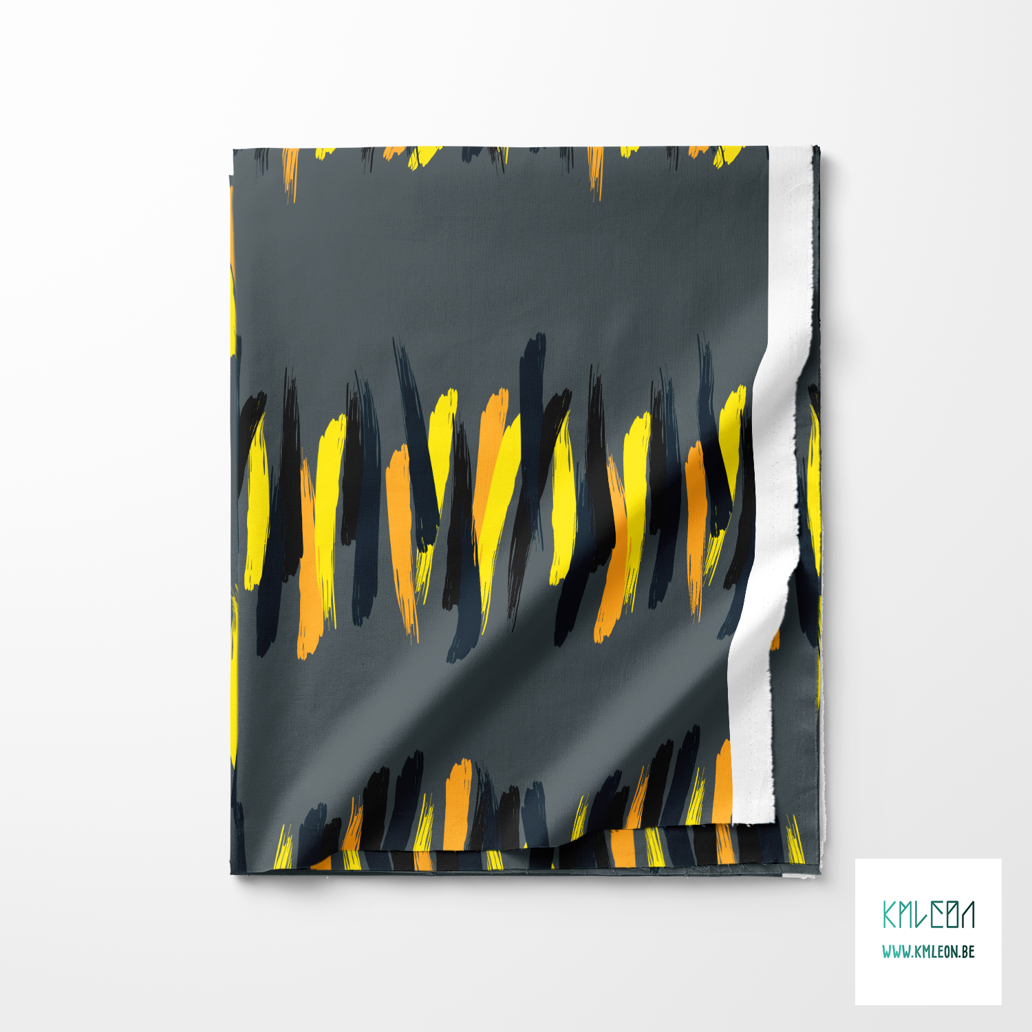 Orange, yellow, black and dark teal brush strokes fabric