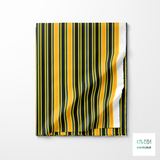 Grey, black, orange and dark teal vertical stripes fabric