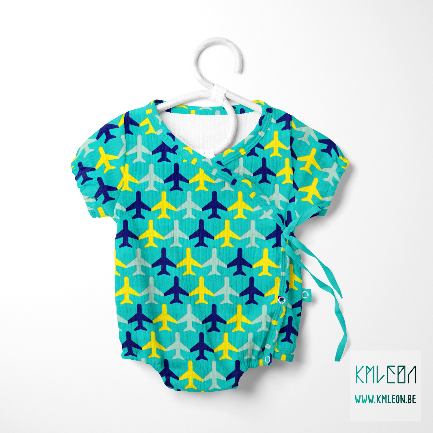 Yellow, mint green and blue airplanes and clouds fabric