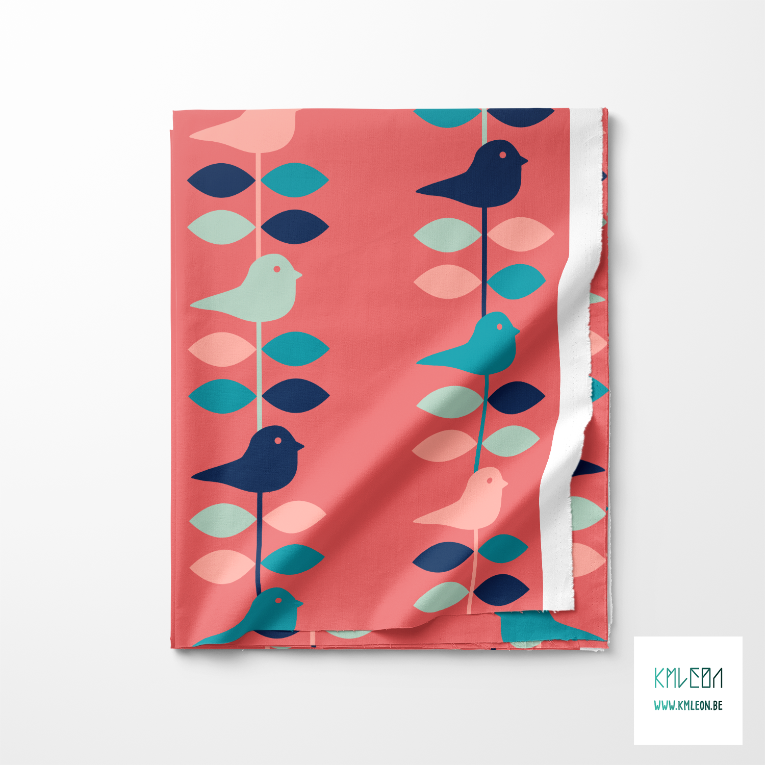 Blue, pink, mint green and teal birds and leaves fabric