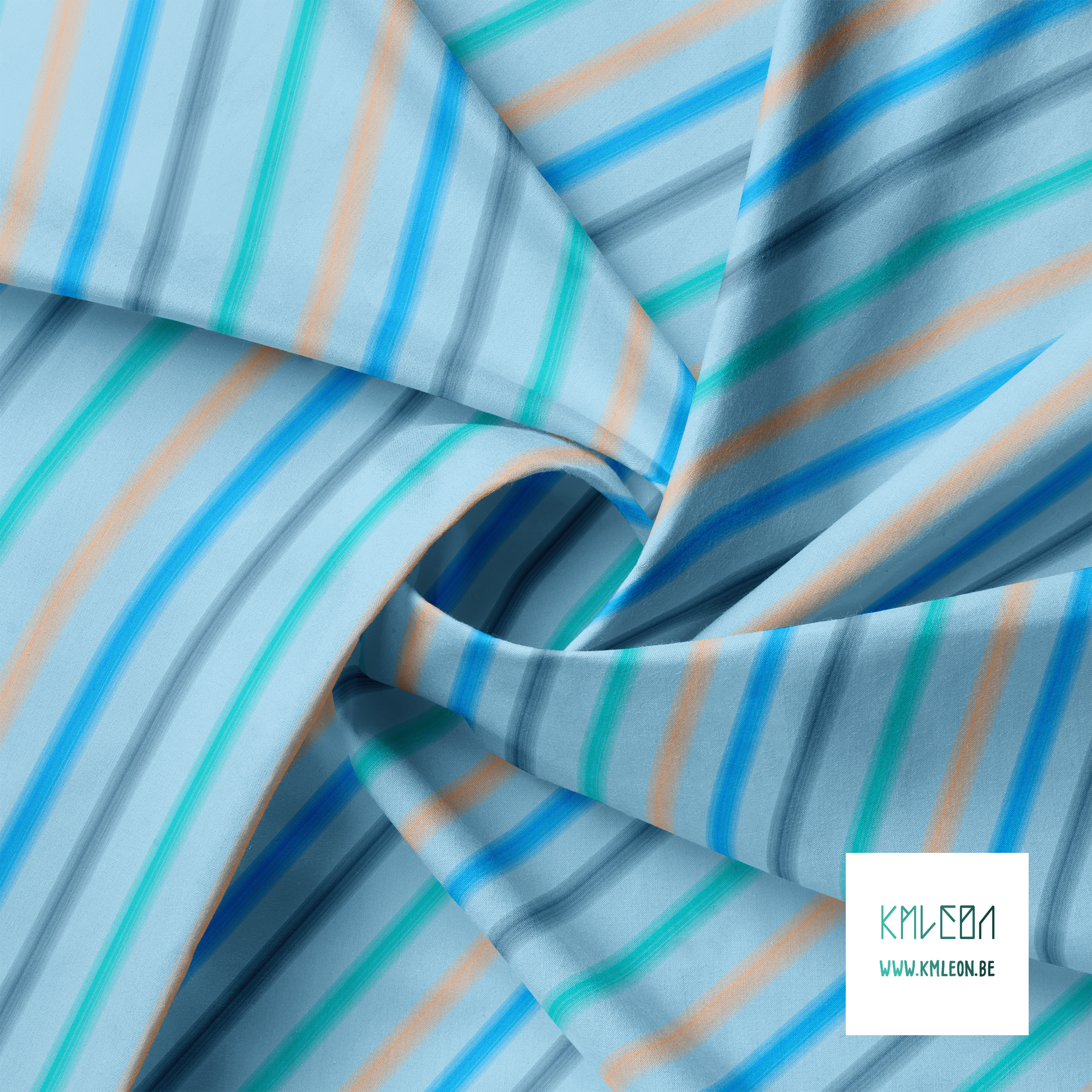 Soft horizontal stripes in blue, navy, orange and teal fabric