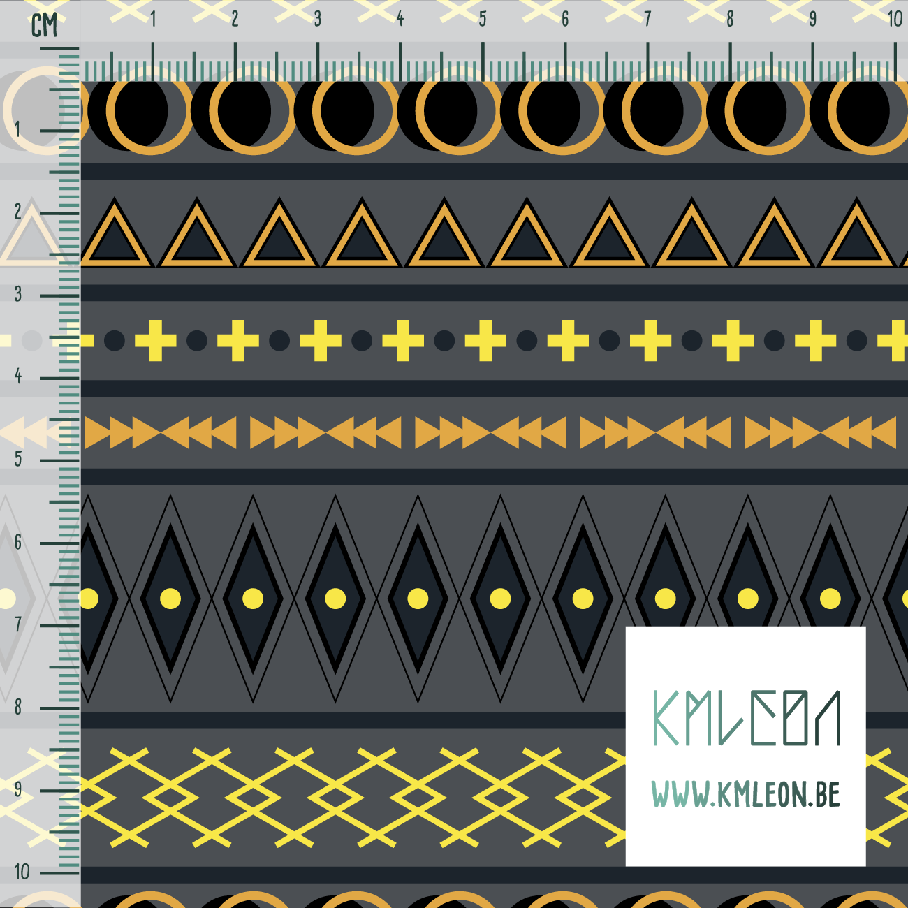 Geometric shapes in dark teal, yellow, orange and black fabric