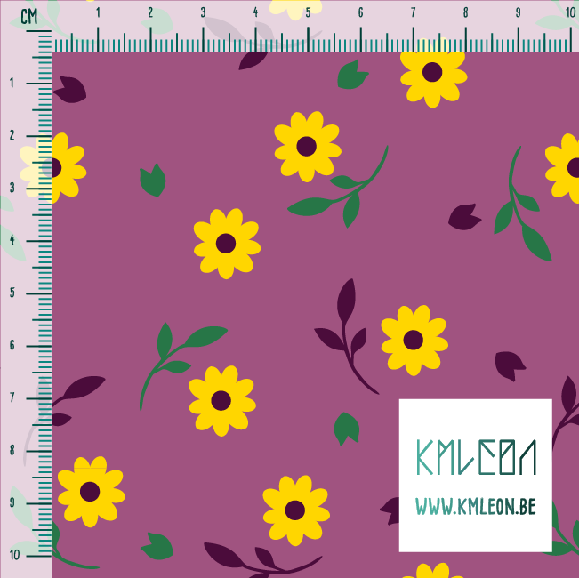 Yellow, purple and green flowers and leaves fabric