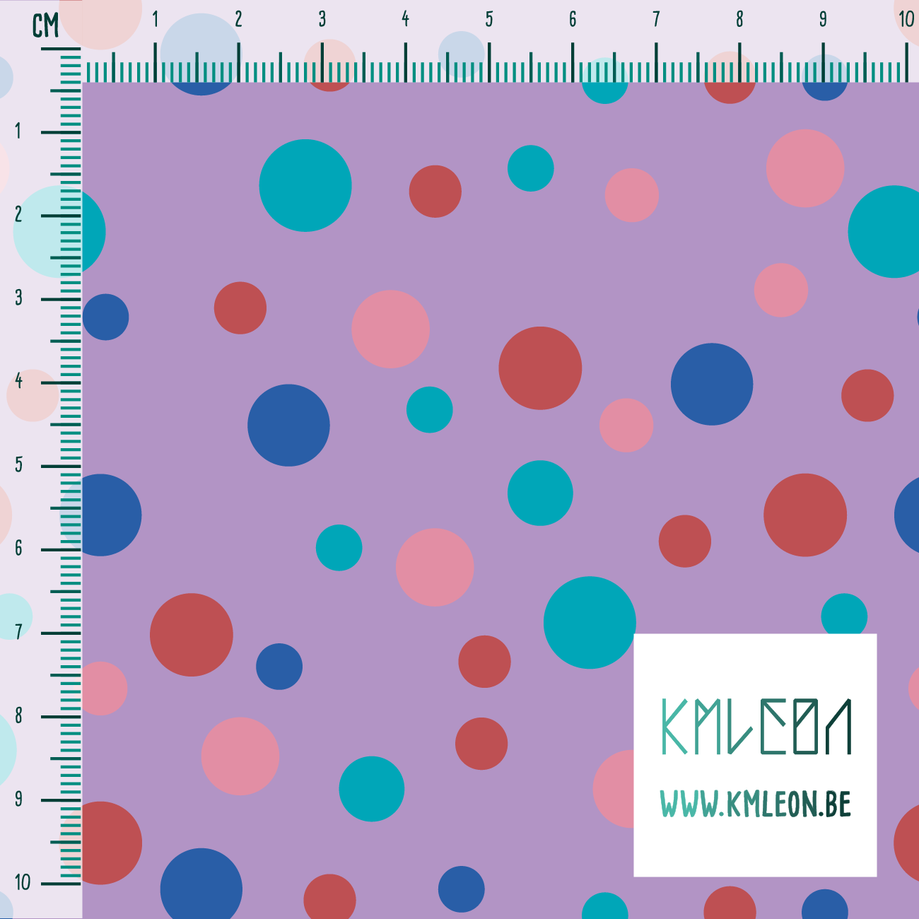 Random pink, red, blue and teal polka dots fabric