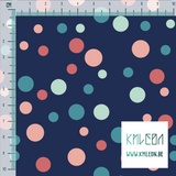 Random pink, mint green and teal polka dots fabric