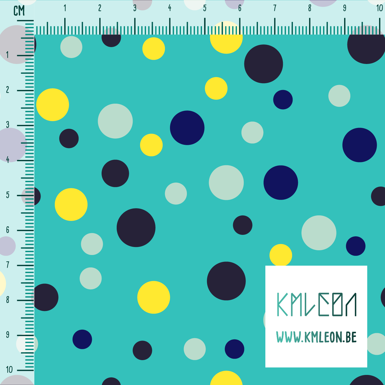 Random blue, yellow, navy and mint green polka dots fabric