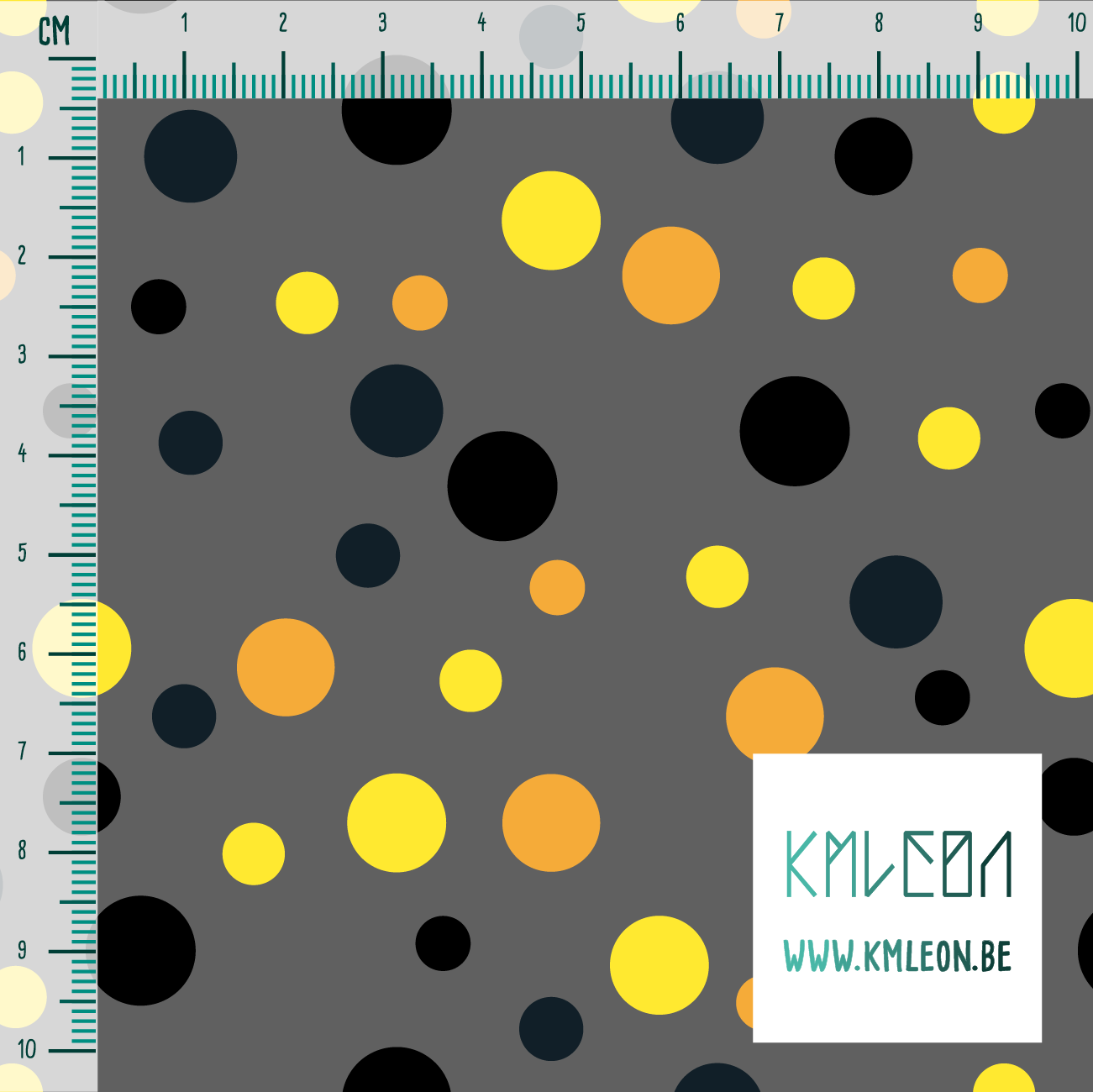 Random orange, yellow, black and dark teal polka dots fabric