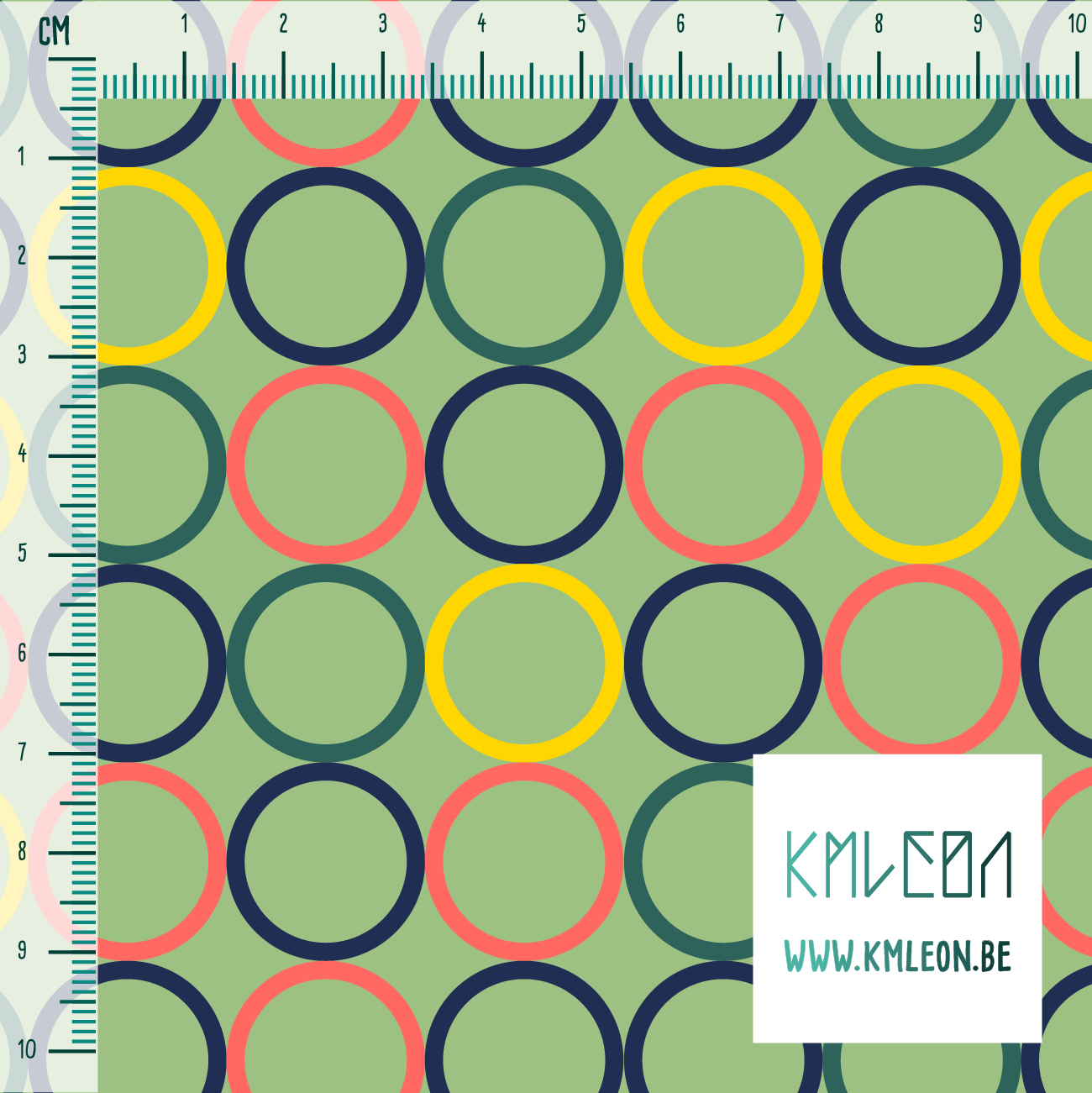 Random coral, green, yellow and navy circles fabric