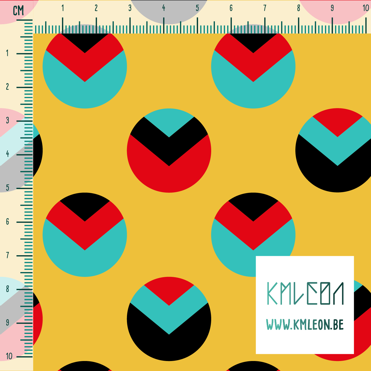 Red, teal and black circles and triangles fabric