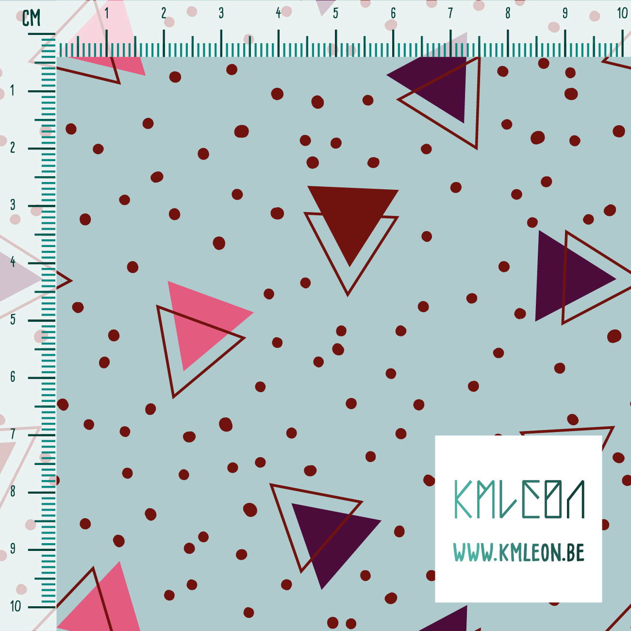 Pink, purple and red triangles and red dots fabric