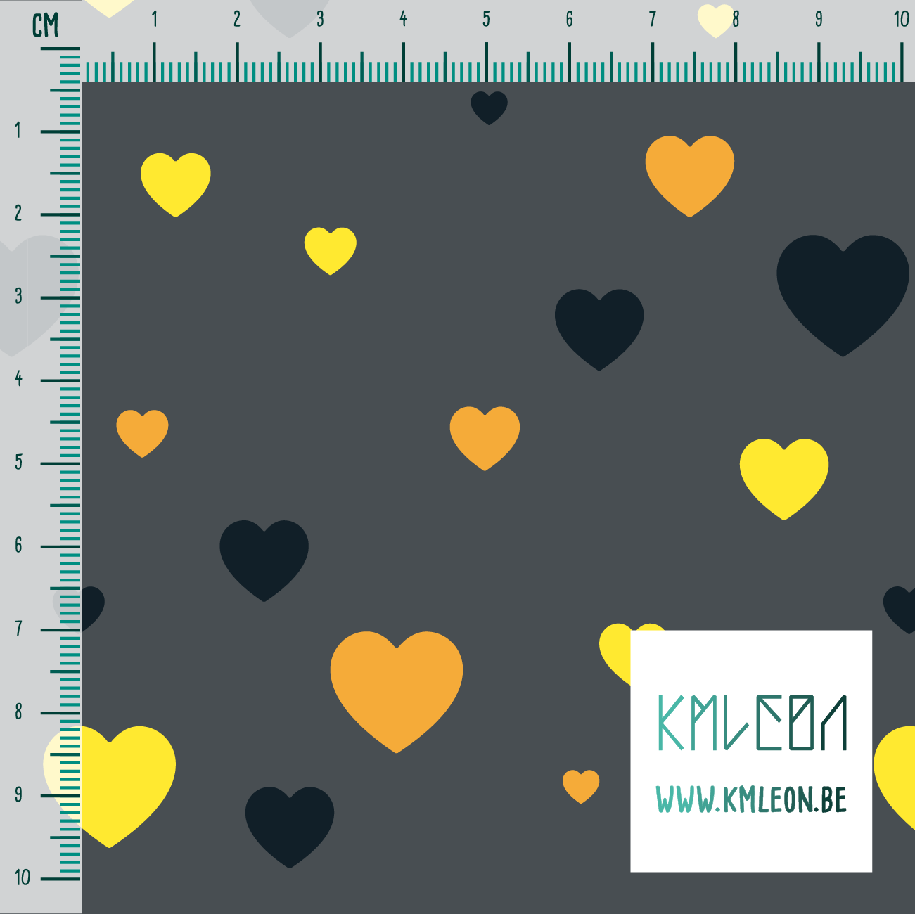 Yellow, orange and dark teal hearts fabric