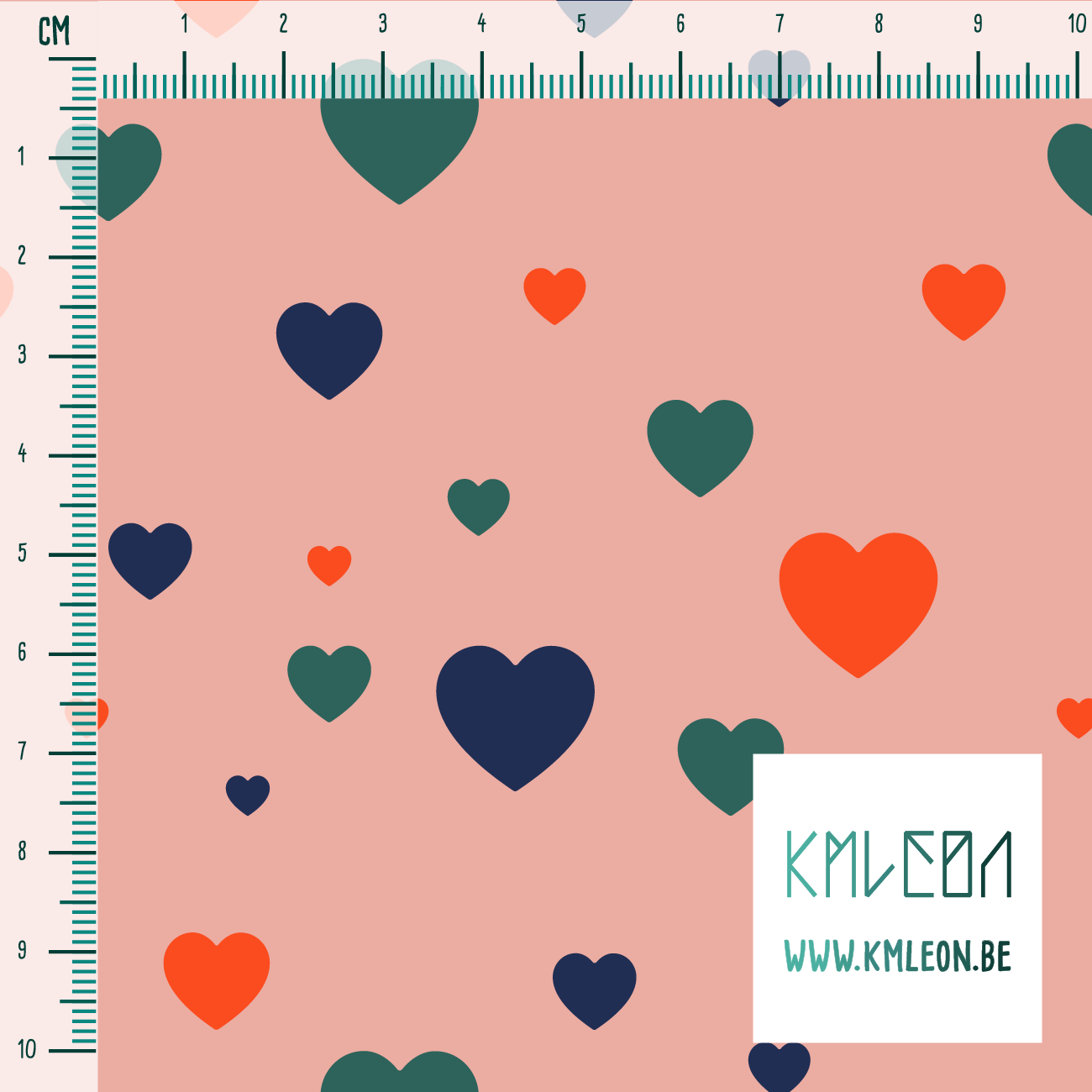 Orange, green and navy hearts fabric