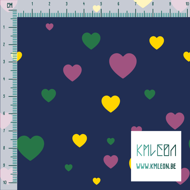 Pink, green and yellow hearts fabric