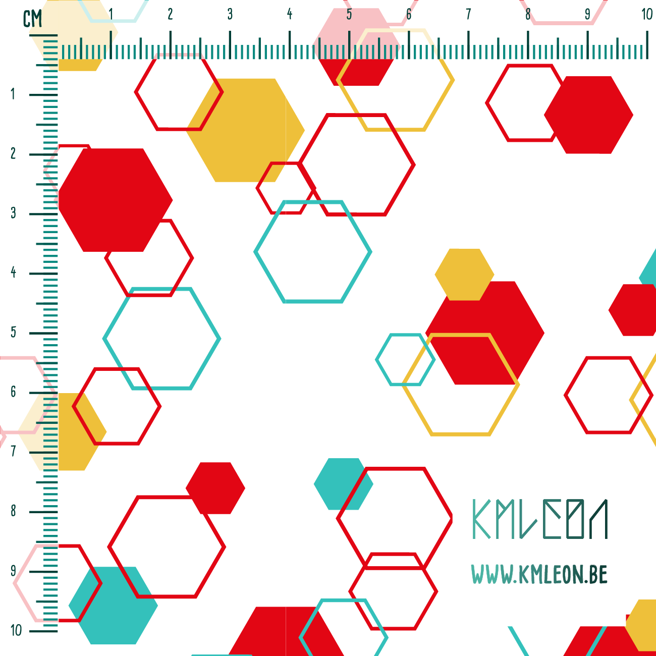 Random teal, red and yellow octagons fabric