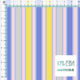 Pink, yellow, grey and periwinkle vertical stripes fabric