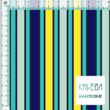 Blue, yellow, teal and mint green vertical stripes fabric