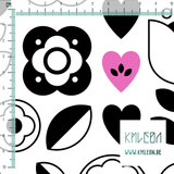 Black flowers and hearts fabric