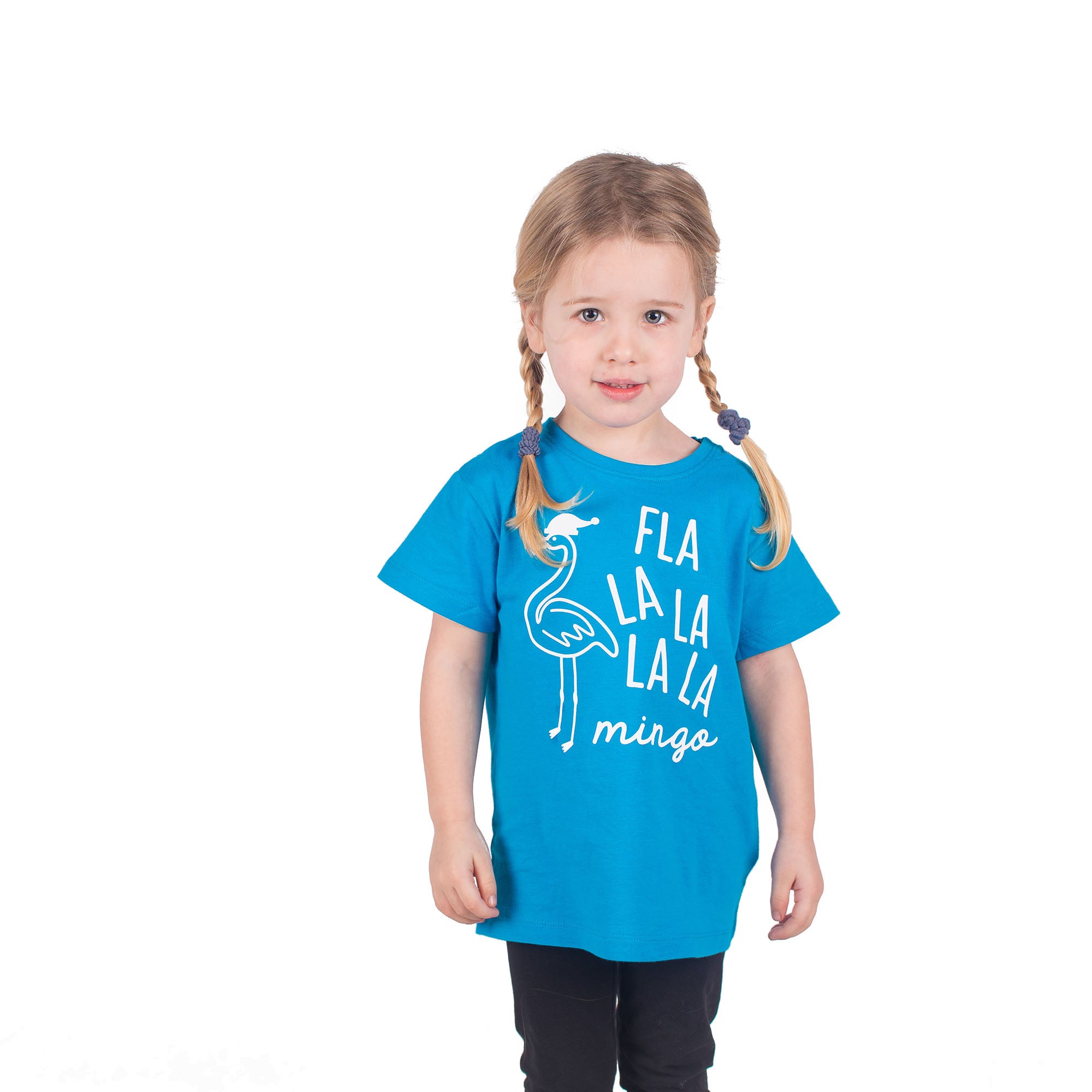 Blonde girl with pigtails wearing aqua shirt with 'Fla la la la la mingo' print by KMLeon.