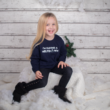 Laughing blonde girl wearing navy shirt with 'I'm having a meltdown' print by KMLeon.