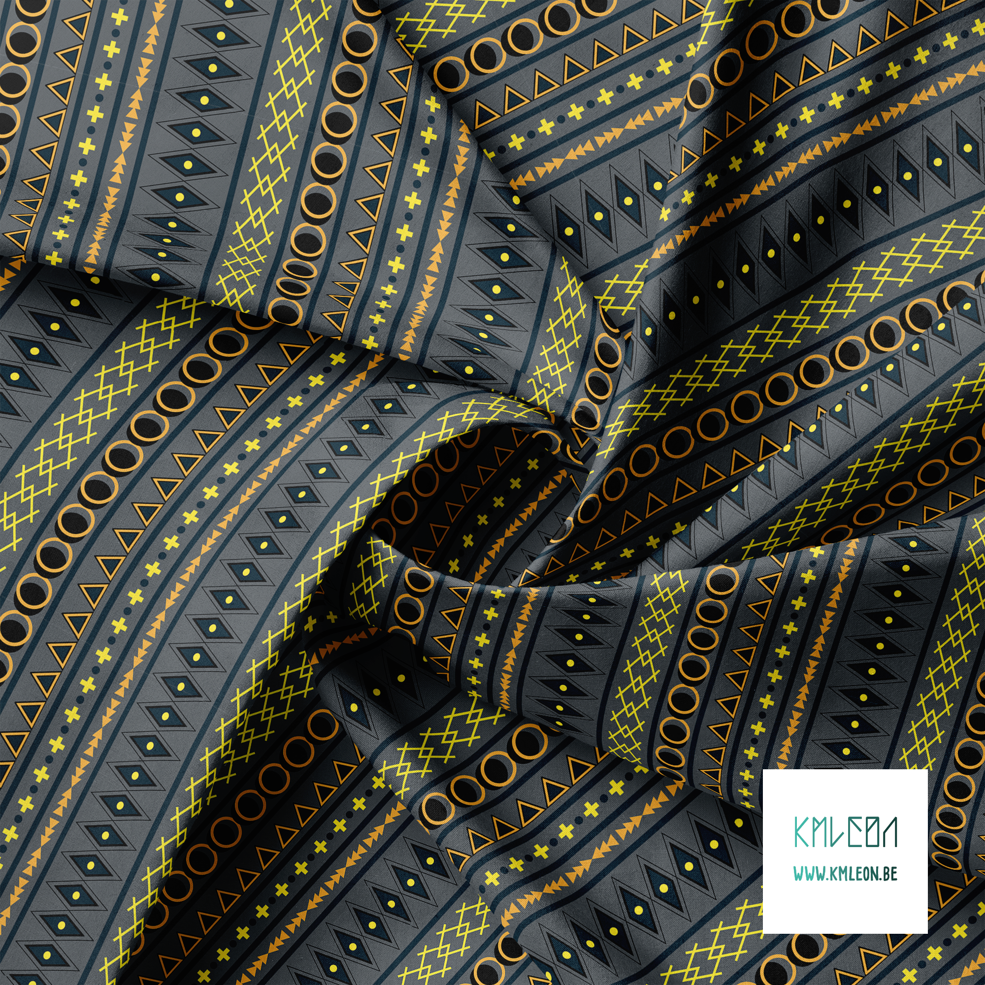 Geometric shapes in dark teal, yellow, orange and black fabric