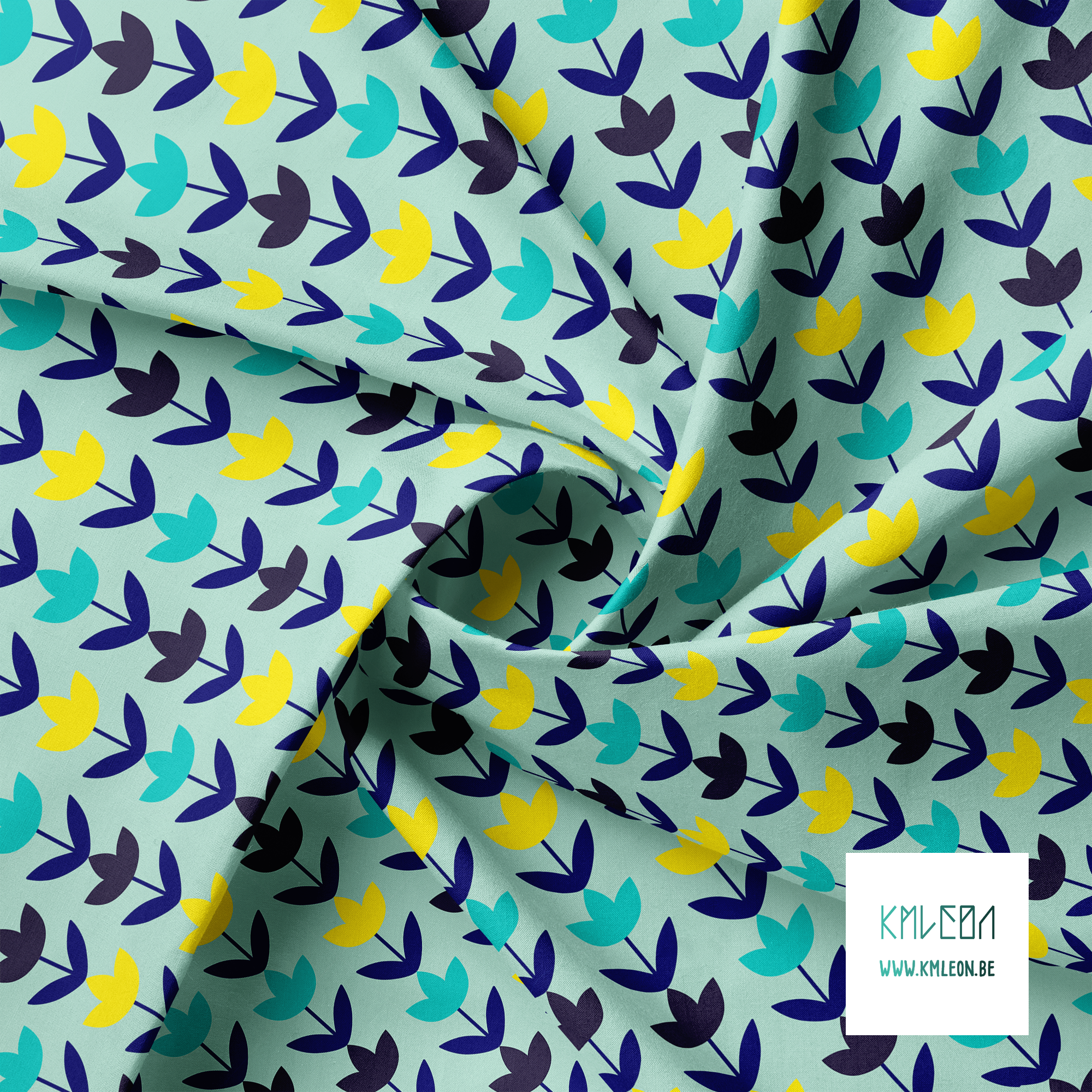 Navy, teal and yellow flowers fabric