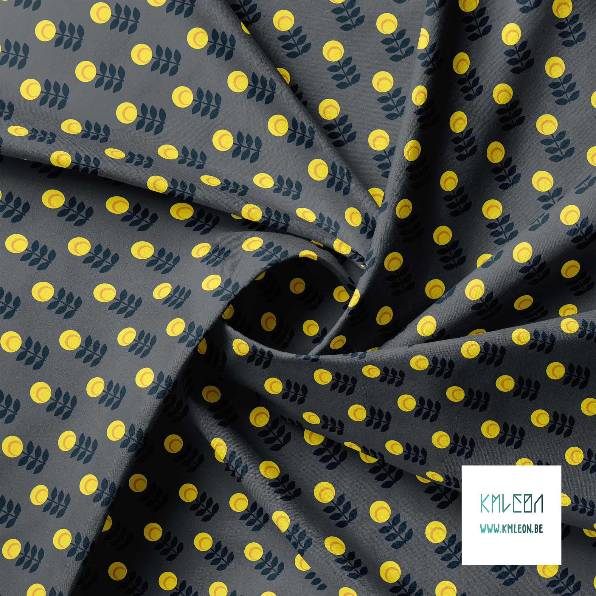 Yellow and dark teal scandi flowers fabric