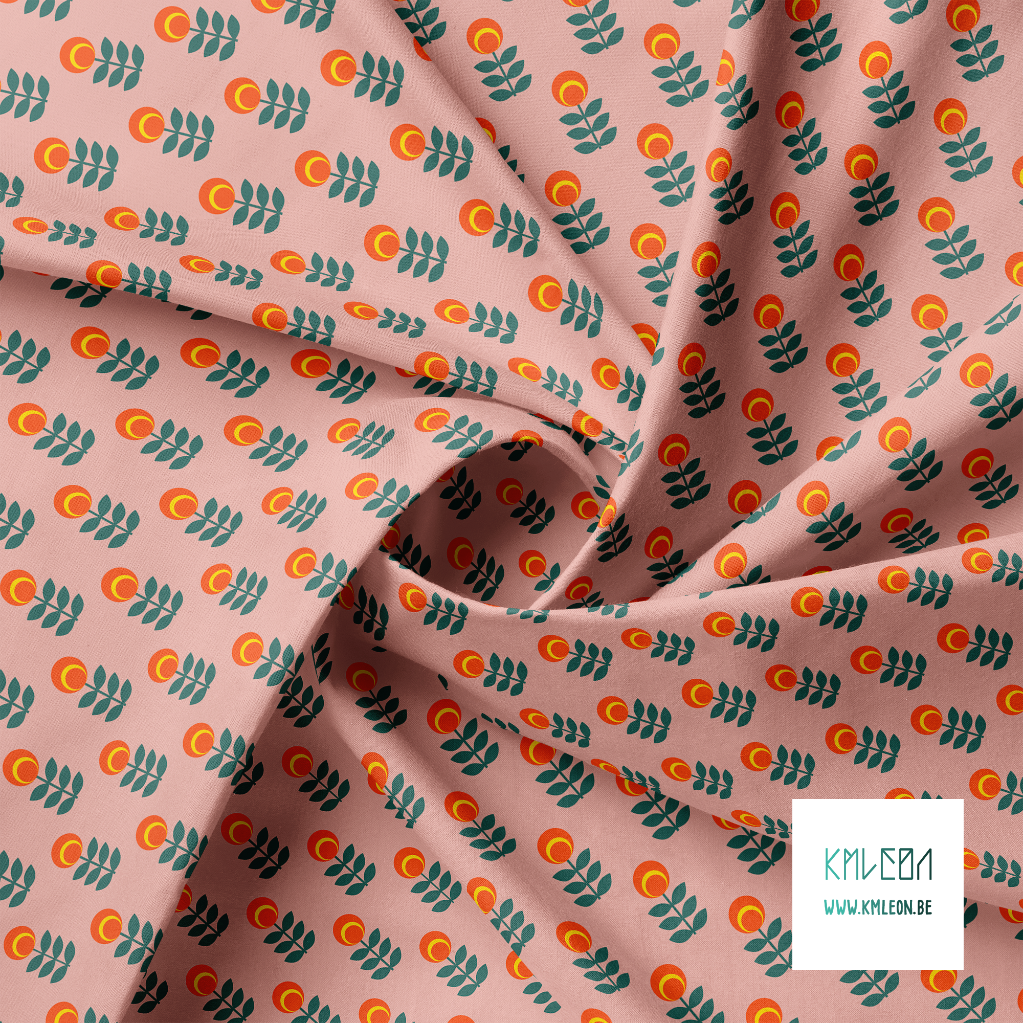 Orange and green scandi flowers fabric