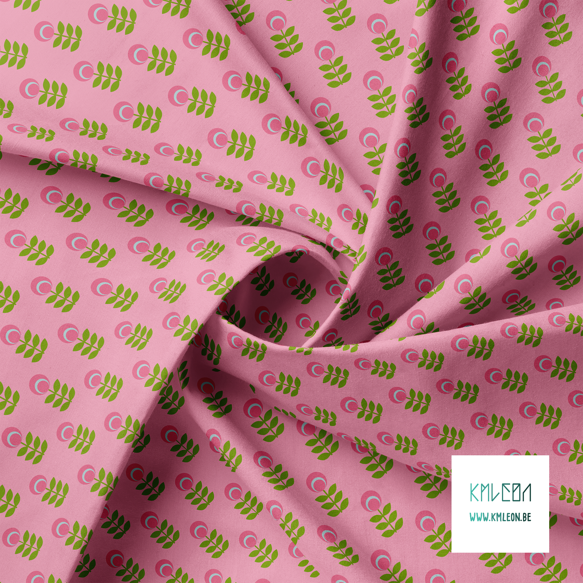 Pink and green scandi flowers fabric